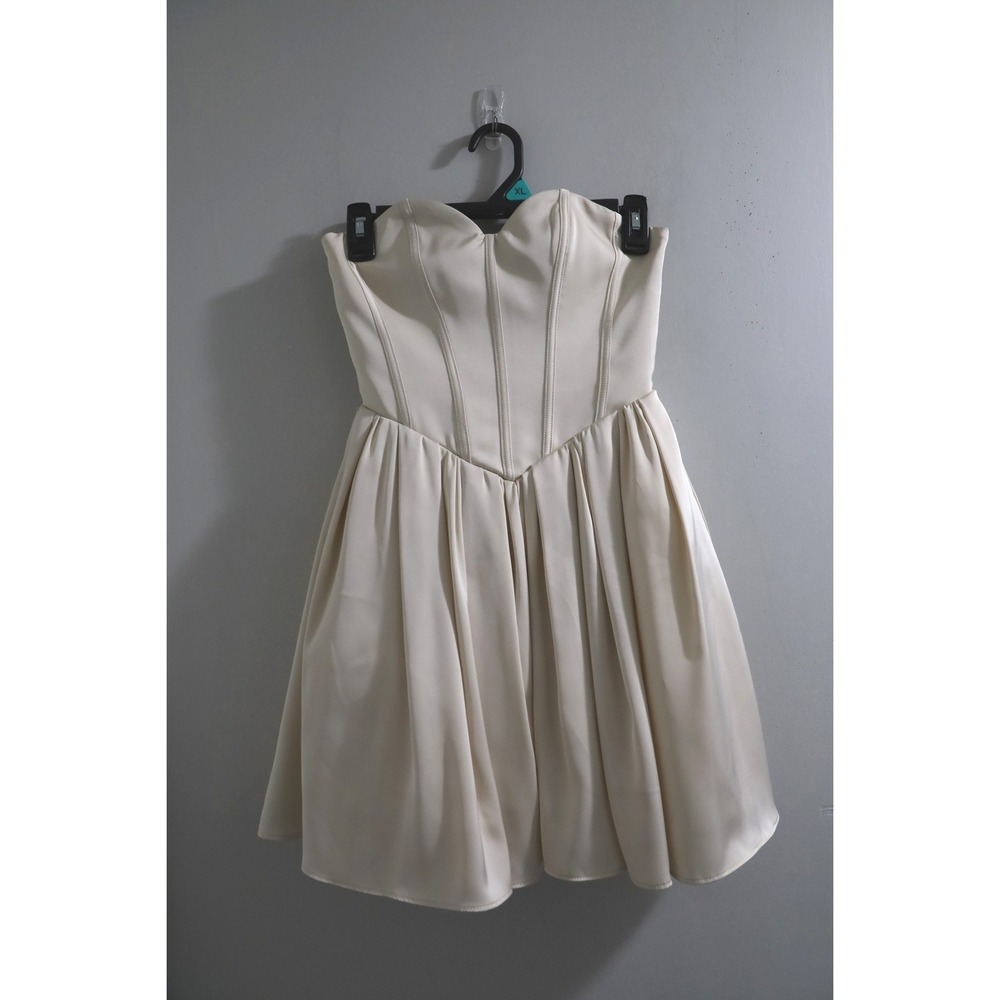 Oh Polly Ivory Satin Corset Lace Up Back Pleated Mini Dress US 0 UK 4 EU 32